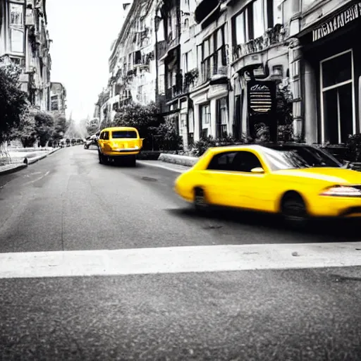 Prompt: Yellow coloured car driving down a black and white street