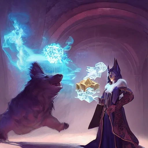 Prompt: “an augmentation sorcerer uses magic to enlarge pet corgi, Simic experiment, Magic the Gathering, D&D, fantasy, intricate, cinematic lighting, highly detailed, digital painting, artstation, concept art, smooth, sharp focus, illustration, art by Artgerm and Greg Rutkowski and Alphonse Mucha”