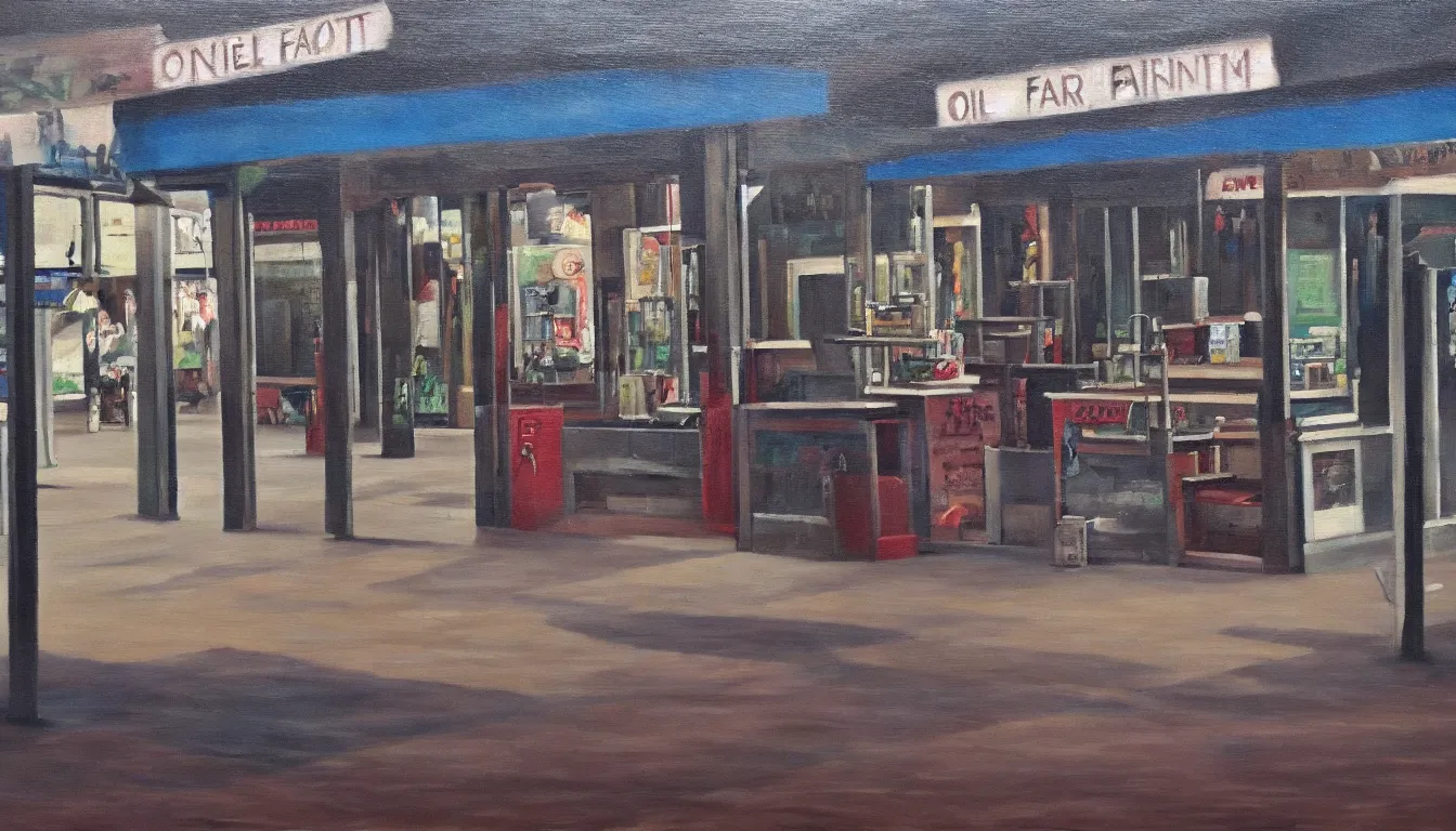 Image similar to oil painting of empty outside town fair, counters, no people, sad, melancholic, depressing, very detailed, emotional, 4 k