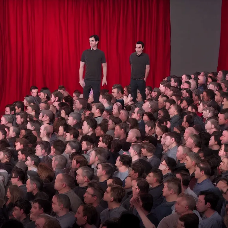 Prompt: focused dslr photograph of hundreds of nathan fielder from nathan for you on comedy central filmed by a tv crew on a stage with a red curtain, meta, fractal, trippy, high detail!!! 8 k, photorealism, sharp focus, volumetric lighting, coherent!!! art directed, rule of thirds, facial details, expressions, hd, professional