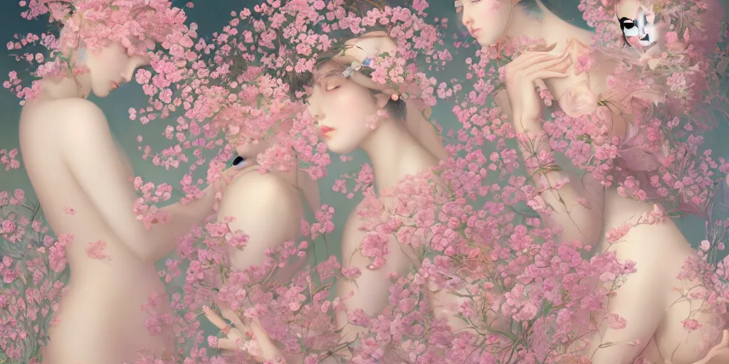 Image similar to breathtaking delicate detailed concept art painting pattern blend of flowers and girls, by hsiao - ron cheng, bizarre compositions, exquisite detail, pastel colors, 8 k