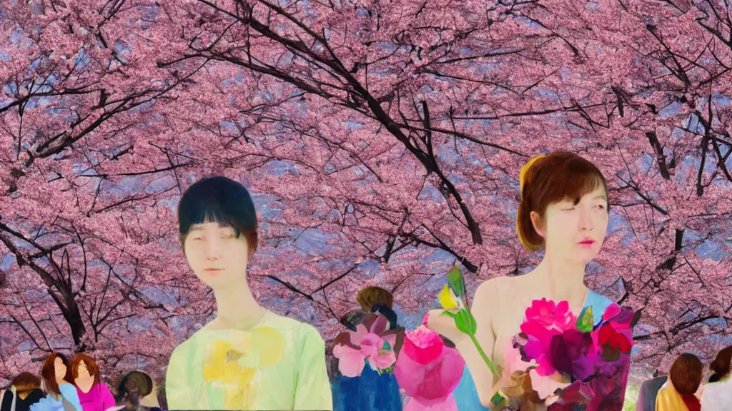 Image similar to close - up, of a woman in a small group of people flower viewing sakura picnic, japan, a collage painting, in the style of wes anderson, lola dupre, david hockney, isolated on negative white space background dark monochrome neon fluorescent spraypaint accents volumetric octane render