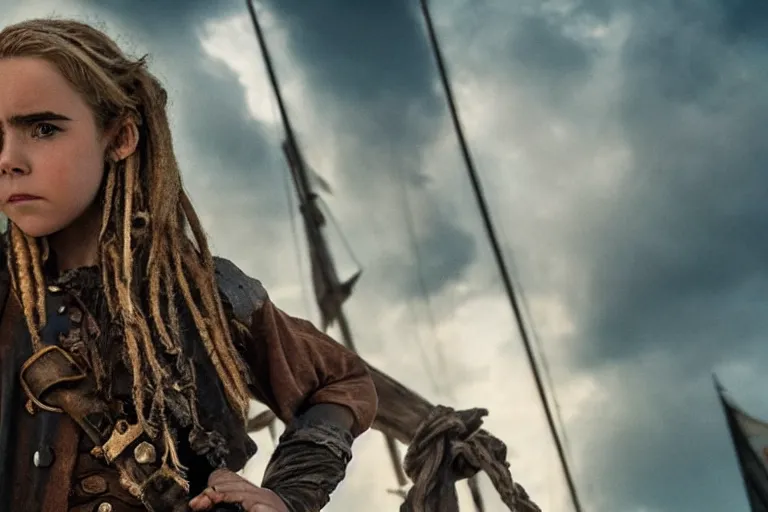 Prompt: promotional image of kiernan shipka as a gritty pirate captain in the new Pirate of the Carribean movie, dark stormy weather, detailed face, movie still frame, promotional image, imax 70 mm footage