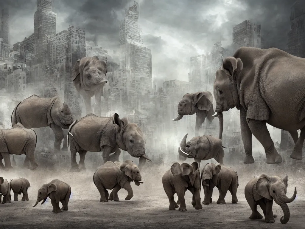 Image similar to apocalyptic city with baby elephants and baby rhino, photorealistic render