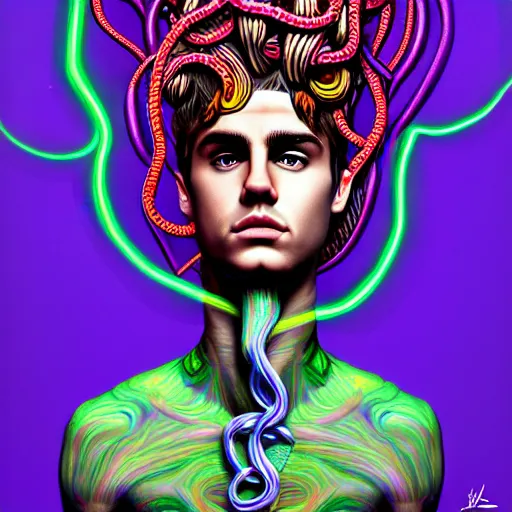 Image similar to an extremely psychedelic portrait of medusa as justin bieber, surreal, lsd, face, detailed, intricate, elegant, lithe, highly detailed, digital painting, artstation, concept art, smooth, sharp focus, illustration