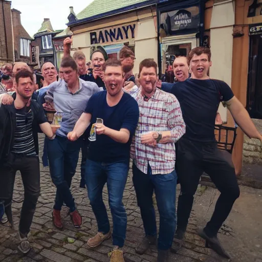 Prompt: a group of lads having a banty time at the pub