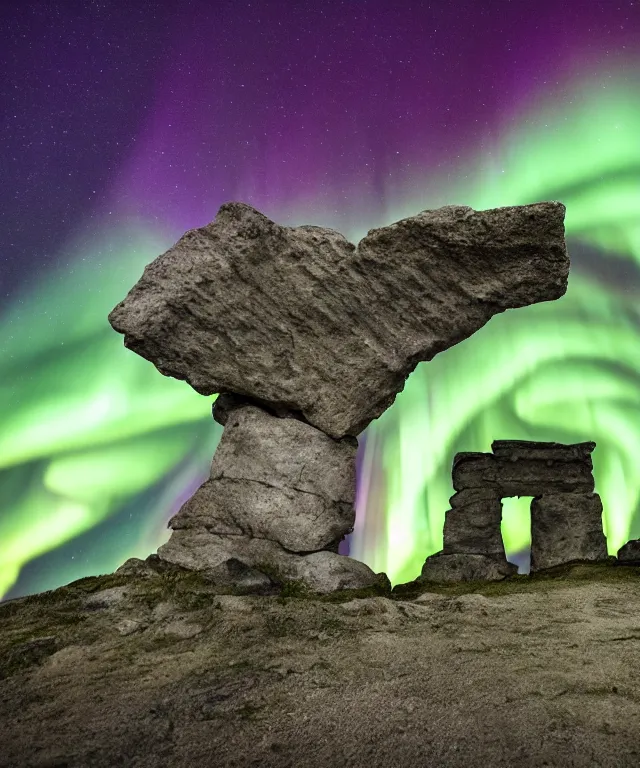 Image similar to stone gateway to another portal, green spiral light, aurora borealis, symmetrical, center focus, 2 0 0 mm, photorealistic