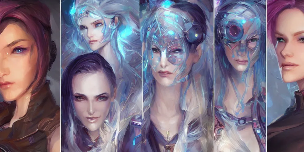 Image similar to concept art of russian female netrunner d & d video game characters head designs, unique hair designs, by marc brunet and artgerm