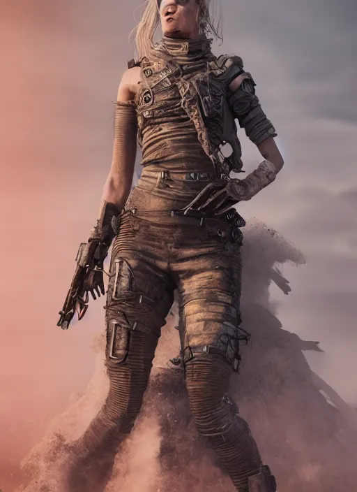 Image similar to full body portrait of female mad max in full intricate clothing, beautiful face, ultra detailed, octane render, 4K, dystopian, micro details
