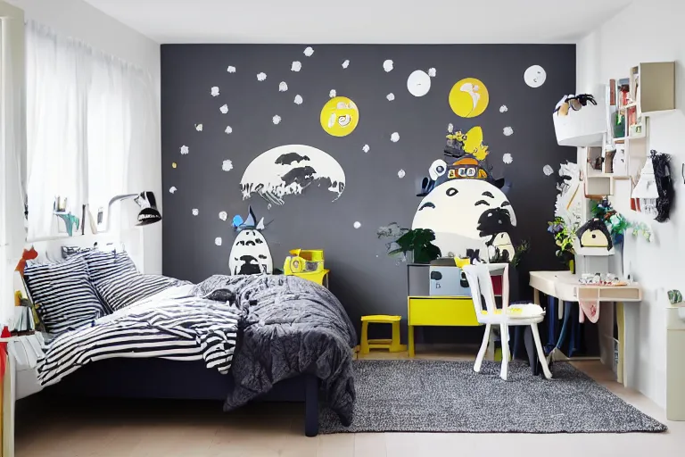 Image similar to IKEA catalogue photo of a children's bedroom with Totoro, Studio Ghibli, Soot sprites, Hayao miyazaki