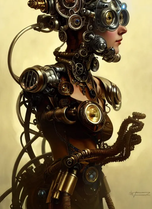 Image similar to steam punk cyborg, diffuse lighting, fantasy, intricate, elegant, highly detailed, lifelike, photorealistic, digital painting, artstation, illustration, concept art, smooth, sharp focus, art by John Collier and Albert Aublet and Krenz Cushart and Artem Demura and Alphonse Mucha