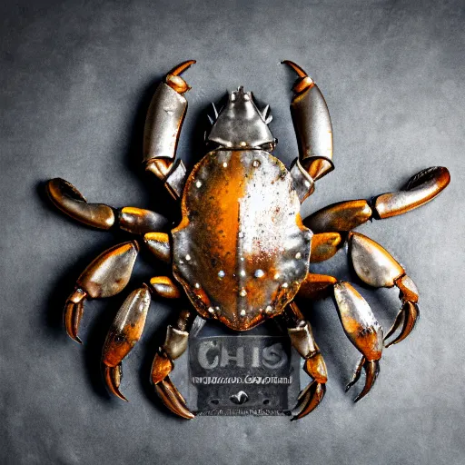 Prompt: a crab wearing medieval steel armor with iron claws, rivets, industrial, metal, studio lighting