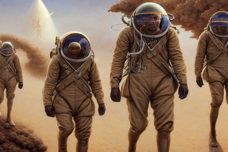 Image similar to portrait shot of ww 1 astronauts marching through the marsian desert, intricate, elegant, highly detailed, centered, digital painting, artstation, concept art, smooth, sharp focus, illustration, artgerm, tomasz alen kopera, peter mohrbacher, donato giancola, joseph christian leyendecker, wlop, boris vallejo