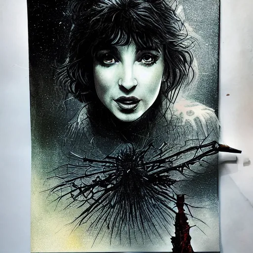 Prompt: kate bush battling vecna from stranger things, exquisite airbrush painting from the eighties, intricate detail, artstation,