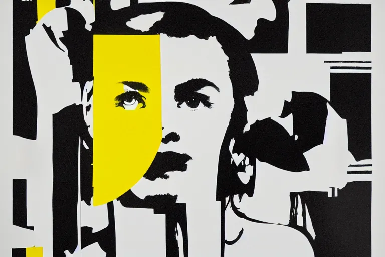 Prompt: Poster art by John Baldessari. Black, white and yellow.