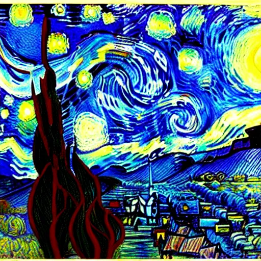 Prompt: a painting of a starry night over a martian cooling by vincent van gogh, featured on pixiv, futurism, sci - fi, post - impressionism, impressionism, painterly, detailed painting