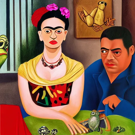 Prompt: realistic interiour scene with Frida Kahlo, Pablo Picasso and Pepethe frog, jewels, painting, beautiful lighting, frog, pepe, frida, in the style of Caravaggio,