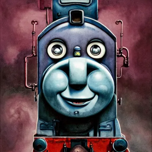 Prompt: watercolor cartoon grunge portrait of creepy horror Thomas the tank engine. intricate abstract. intricate artwork. nightmare fuel. terrifying. by zdzisław Beksiński, wlop, dan mumford , trending on artstation, Greg rutkowski very coherent symmetrical artwork. cinematic, hyper realism, high detail, octane render, 8k