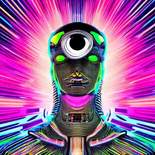 Image similar to black tshirt with a hyperdetailed portrait of a futuristic trippy fantasy punk robot, 8 k, symetrical, flourescent colors, halluzinogenic, multicolored,