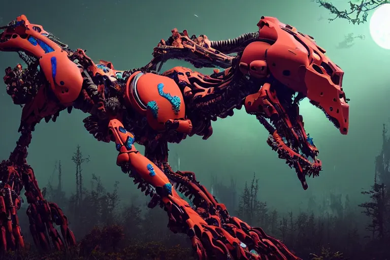 Image similar to portrait of a posed hyper detailed complex, plowhorn evangelion realistic mechanical and organic creature similar look as horizon forbidden west horizon zero dawn bioluminiscence in a dark deep forest at dawn in spring, with reflection and textures, by kilian eng, substance painter reaslitic mech surface metal painted scratches