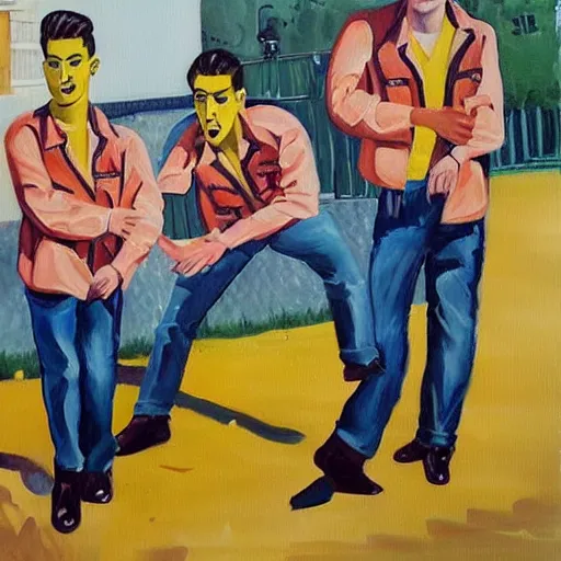 Prompt: a painting of three male teenagers with rockabilly haircuts holding yellow icw pops and looking at women in the streets high details