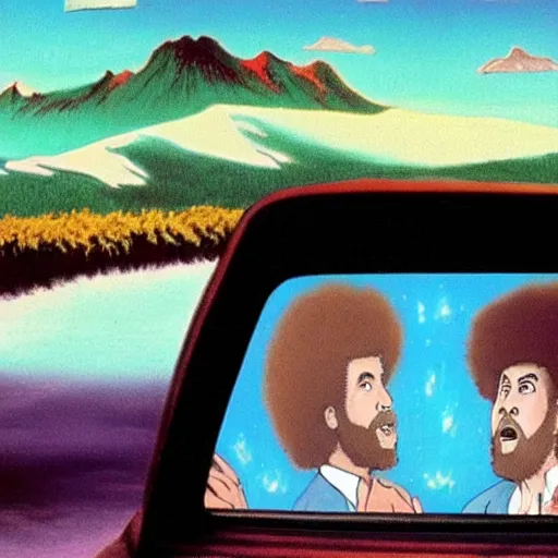 Image similar to bob ross screaming bad trip of acid in car rear view mirror