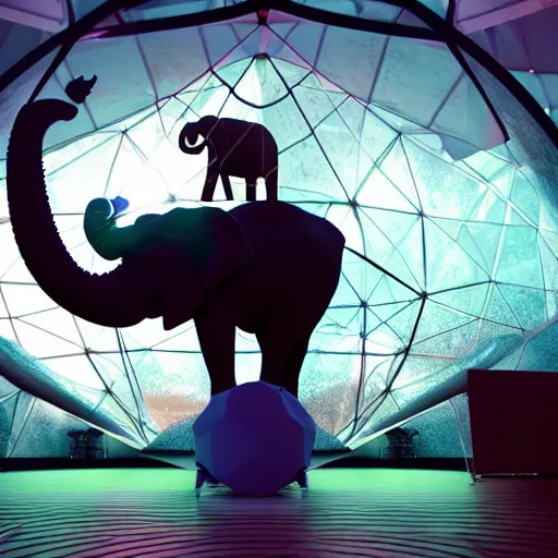 Image similar to a hyperrealistic 3D octane render of an elephant wearing virtual reality goggles playing a synthesizer inside of a geodesic dome planetarium with planets and galaxies, trending on artstation, 8k, 4K, dramatic lighting, glowing, volumetric lighting, ray tracing, unreal engine