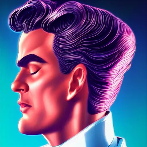 Prompt: a stunning glamor profile portrait of an art deco synthwave man, 80s nostalgia, by Evelyn De Morgan and Ross Tran, rossdraws