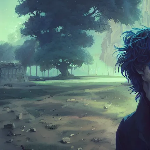 Prompt: portrait of Neil Gaiman as the Sandman, abandoned ruins landscape, night time, ambient lighting, 4k, anime key visual, lois van baarle, ilya kuvshinov, rossdraws, artstation