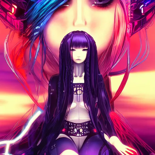 Prompt: anime cyberpunk art, cute and beautiful full body female angel in the style of ghost in the shell, red blue purple black fade, orange braided hair, dark purple lighting, night like eyes, braided hair, highly intricate detailed, braided hair, advanced digital gothic art, soft blur and glow, wlop and rossdraws and sakimimichan