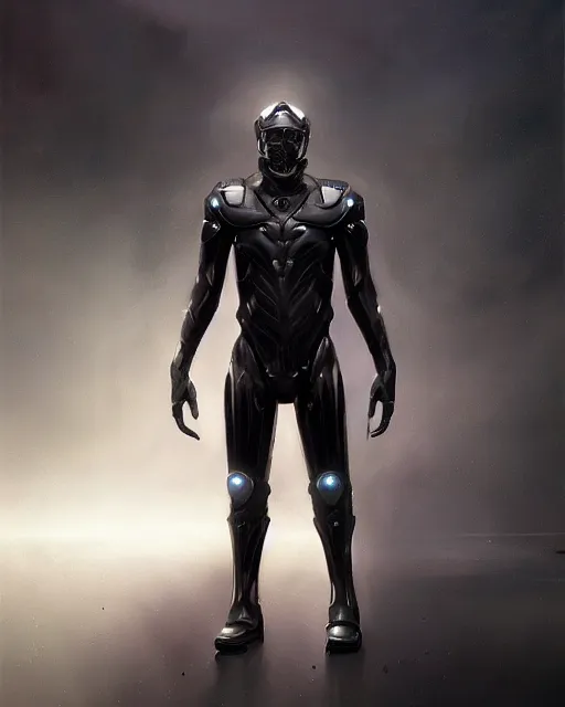 Image similar to iridescent sinewy smooth muscular male sleek glossy black pearlescent scifi armor with smooth black featureless helmet, by greg rutkowski, mark brookes, jim burns, tom bagshaw, trending on artstation