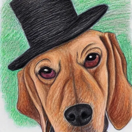 Prompt: colored pencil drawing of a dog in a funny hat