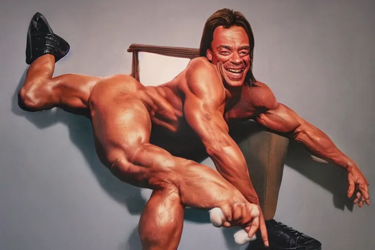 Image similar to hyperrealistic muscular Jean Claude Vandamme doing the splits, spread eagle between two chairs over a toilet, golden hour, smiling, award winning