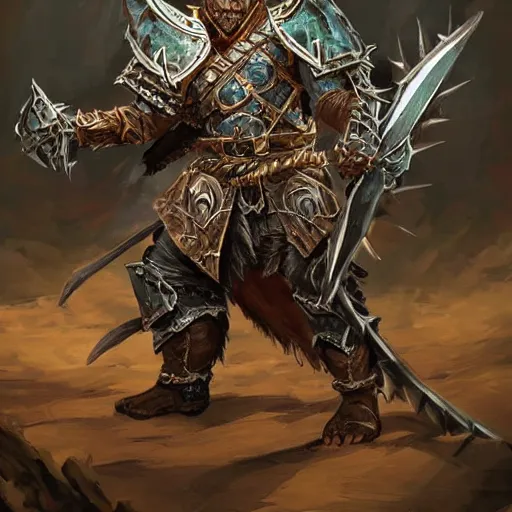 Image similar to a dragonborn warrior from the pathfinder rollplaying game wearing overlapping armor pieces with a spiked shield on one arm and an intricate, many - toothed spear in the other hand striking a heroic pose