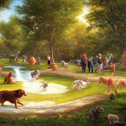 Image similar to a whimsical illustration of a dog park, by Peter Mohrbach and Mark Keathley