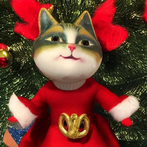 Image similar to New Margaret Le Van Alley Cats statuette, wearing festive clothing, full body render, museum quality photo