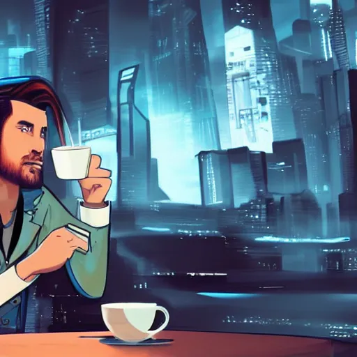 Image similar to handsome startup CEO having a cup of coffee. sci-fi cyberpunk!!!!!!!! concept art