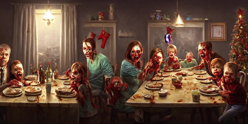 Prompt: a zombie family christmas diner, wide angle, super highly detailed, professional digital painting, artstation, concept art, smooth, sharp focus, no blur, no dof, extreme illustration, unreal engine 5, photorealism, hd quality, 8 k resolution, cinema 4 d, 3 d, beautiful, cinematic, art by greg rutkowski. by james gurney