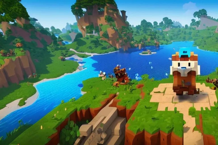 Image similar to Hytale Game Trailer, Hytale Logo as watermark, beautiful landscape