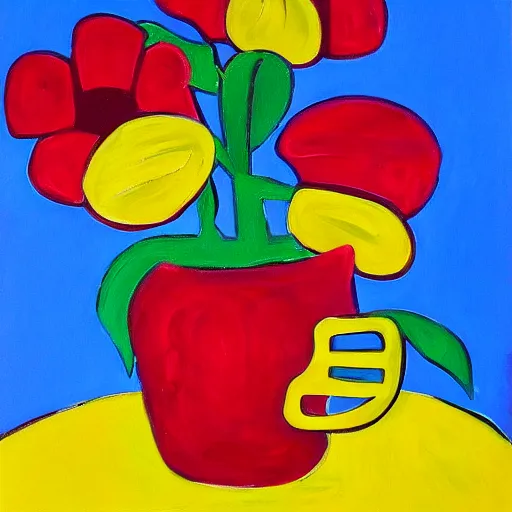 Prompt: a painting of a red flower on a yellow background, a pop art painting by laurel burch, trending on pixabay, fauvism, acrylic art, fauvism, oil on canvas