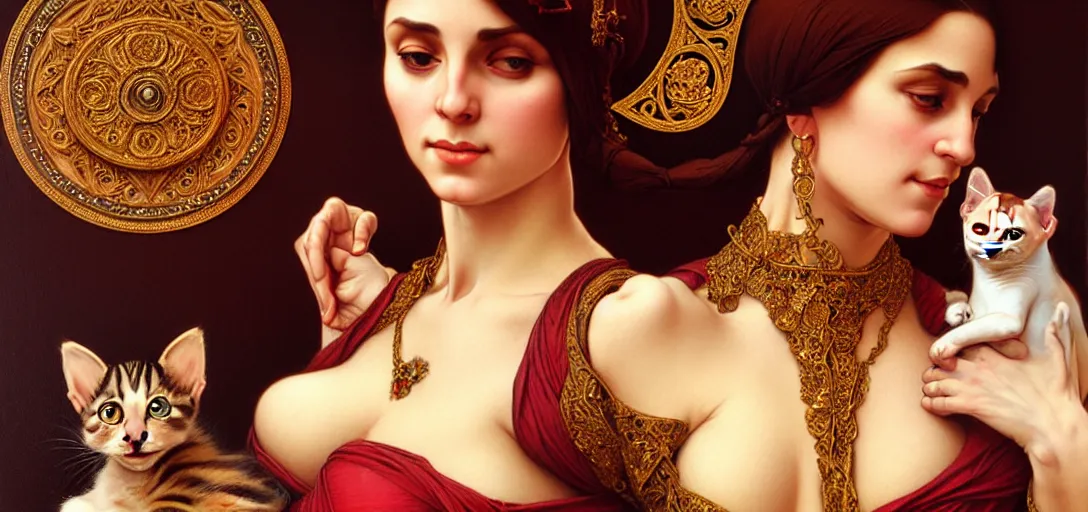 Prompt: renaissance full body portrait of a female bellydancer with a kitten, lean and toned, cute face, d & d, intricate, elegant, highly detailed, digital painting, artstation, concept art, matte, sharp focus, illustration, art by da vinci, artgerm and greg rutkowski and alphonse mucha