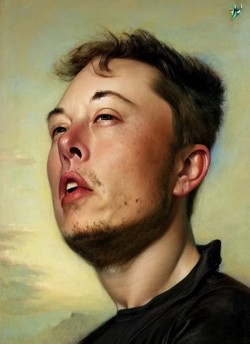 Prompt: A beautiful portrait of Elon Musk, frontal, digital art by Eugene de Blaas and Ross Tran, vibrant color scheme, highly detailed, in the style of romanticism