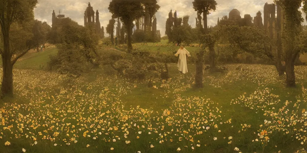 Image similar to a recursive cathedral made of mirrors within a wildflower meadow at dawn, infinite regress, droste effect, in the style of alma tadema