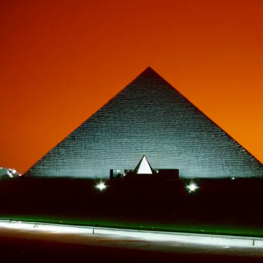 Image similar to wide angle photograph of a dark black pyramid with small red lights hovering over the pentagon at night