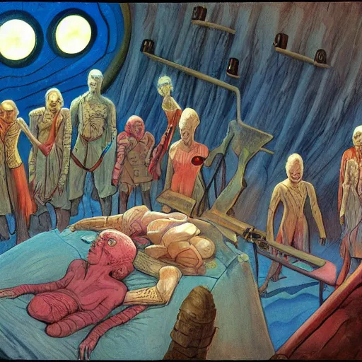 Prompt: medieval extraterrestrial villagers at bedside of severely injured unconscious short - haired blond woman, colorful, dramatic lighting, illustration, fantastic planet, ron cobb, mike mignogna, jim henson creature shop, science fiction, detailed painting, high detail, coherent, rough paper