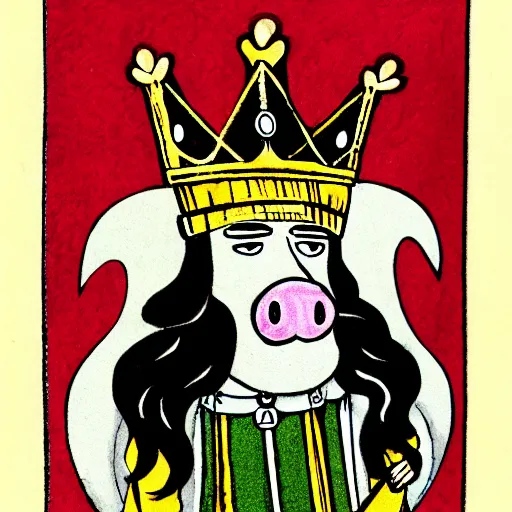 Image similar to old illustration of a king wearing a crown with a velvet pig mask on