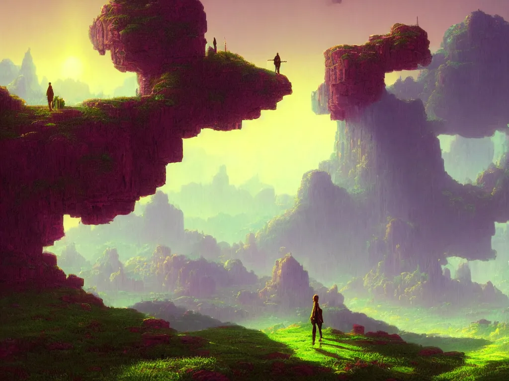 Image similar to synthwave landscape of a lone traveler walking towards a distant castle, synthwave grid, virtual, wireframe, by Paul Lehr and Thomas Cole, wide angle, highly detailed, cinematic, Blue and Green color scheme