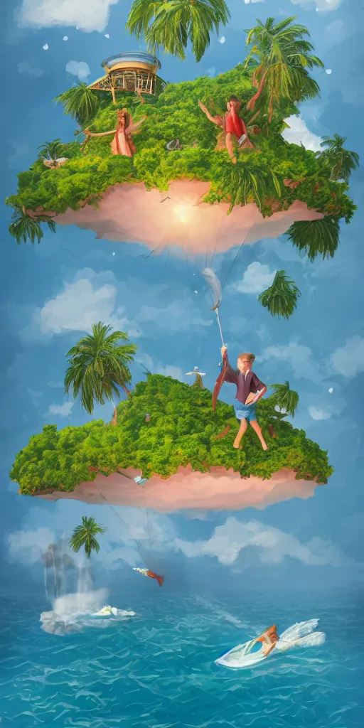 Prompt: an award winning fantasy island illustration, island is floating in mid air