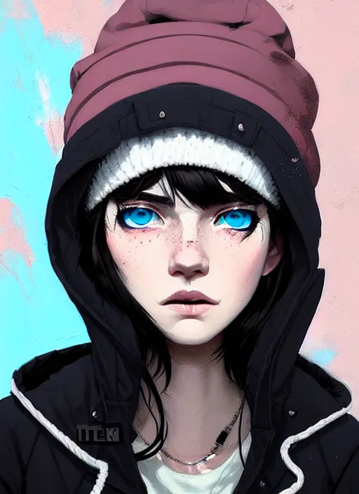 Image similar to highly detailed portrait of a street punk lady student, blue eyes, parka jacket, beanie hat, white hair by atey ghailan, by greg rutkowski, by greg tocchini, by james gilleard, by joe fenton, by kaethe butcher, gradient pink, black, brown and light blue color scheme, grunge aesthetic!!! ( ( graffiti tag wall background ) )