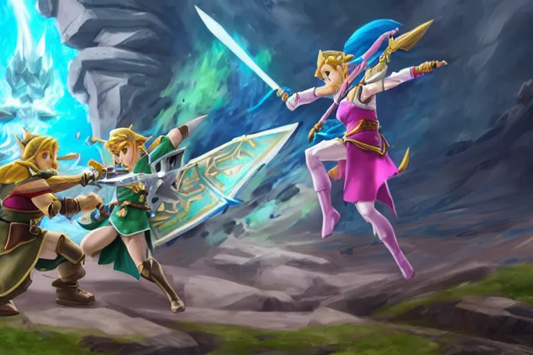 Image similar to Link fighting princess Zelda in a super smash bros ultimate battle , made by Stanley Artgerm Lau, WLOP, Rossdraws, ArtStation, CGSociety, concept art, cgsociety, octane render, trending on artstation, artstationHD, artstationHQ, unreal engine, 4k, 8k,